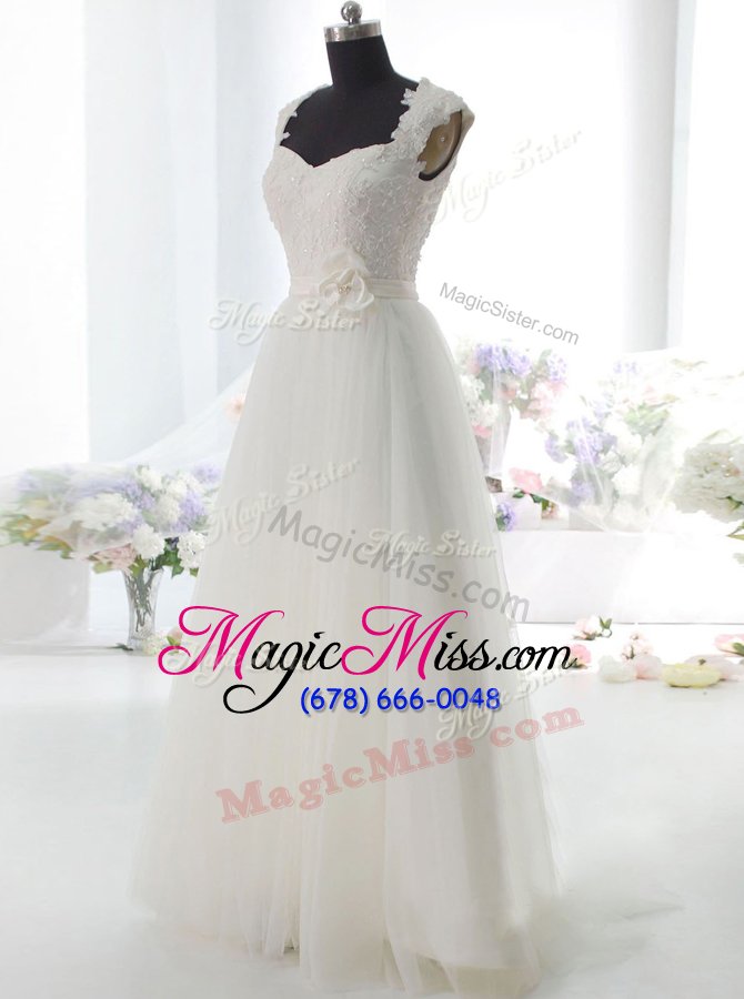 wholesale latest white tulle side zipper square sleeveless floor length wedding gowns lace and hand made flower