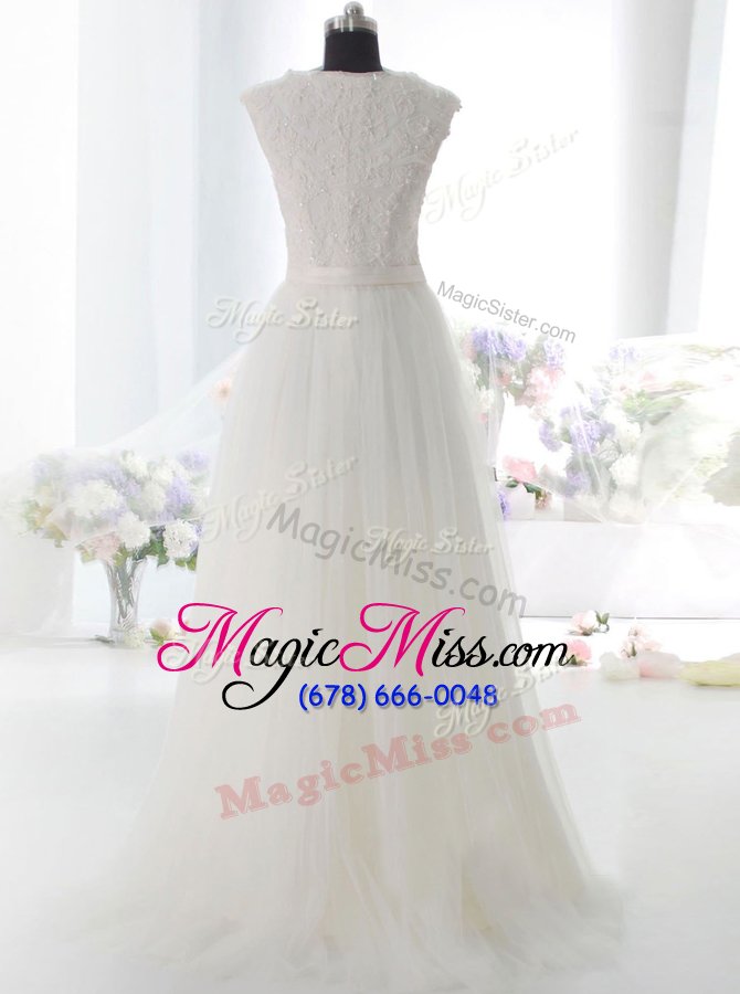 wholesale latest white tulle side zipper square sleeveless floor length wedding gowns lace and hand made flower