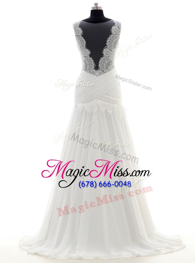 wholesale popular scoop white chiffon side zipper wedding gown sleeveless with brush train lace