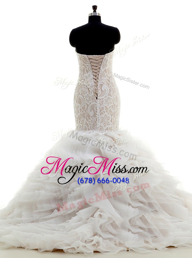 wholesale stylish mermaid white sleeveless brush train lace and ruffles with train wedding dresses