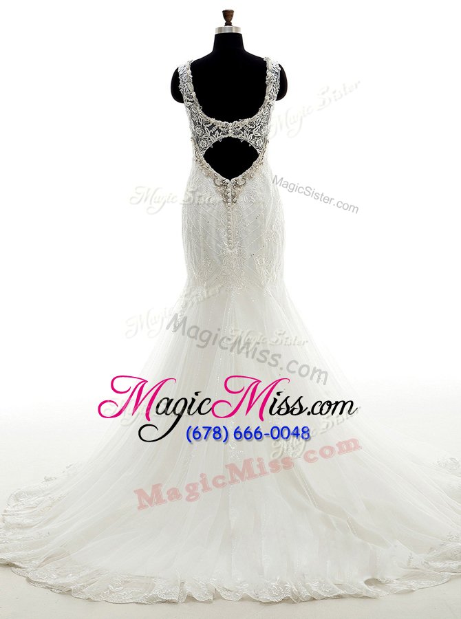 wholesale free and easy mermaid tulle sleeveless with train bridal gown and beading and lace and appliques