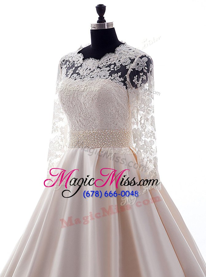 wholesale top selling scalloped pink clasp handle wedding gown beading and lace 3|4 length sleeve with brush train