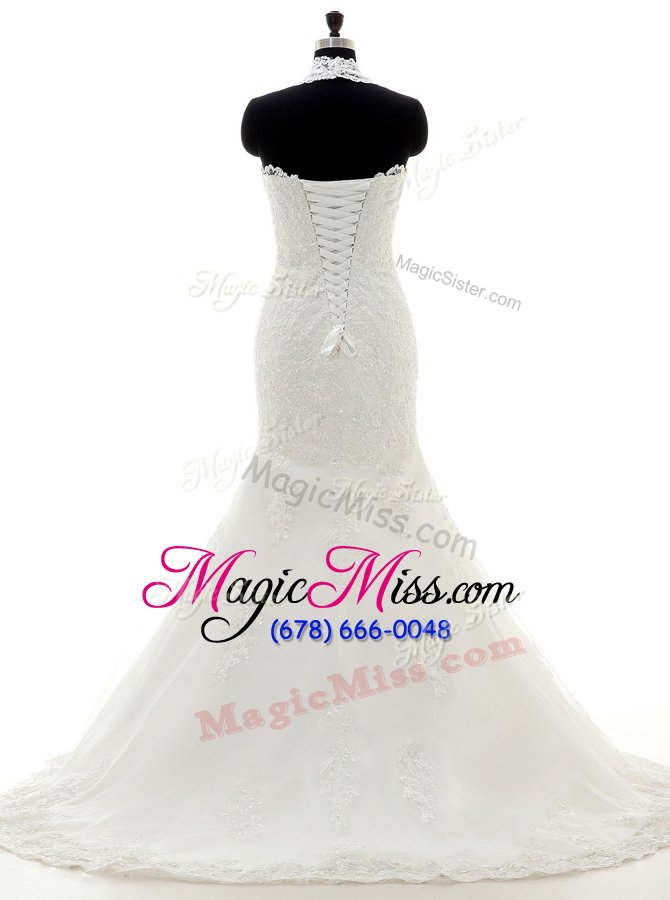 wholesale romantic mermaid v-neck sleeveless brush train lace up bridal gown white lace