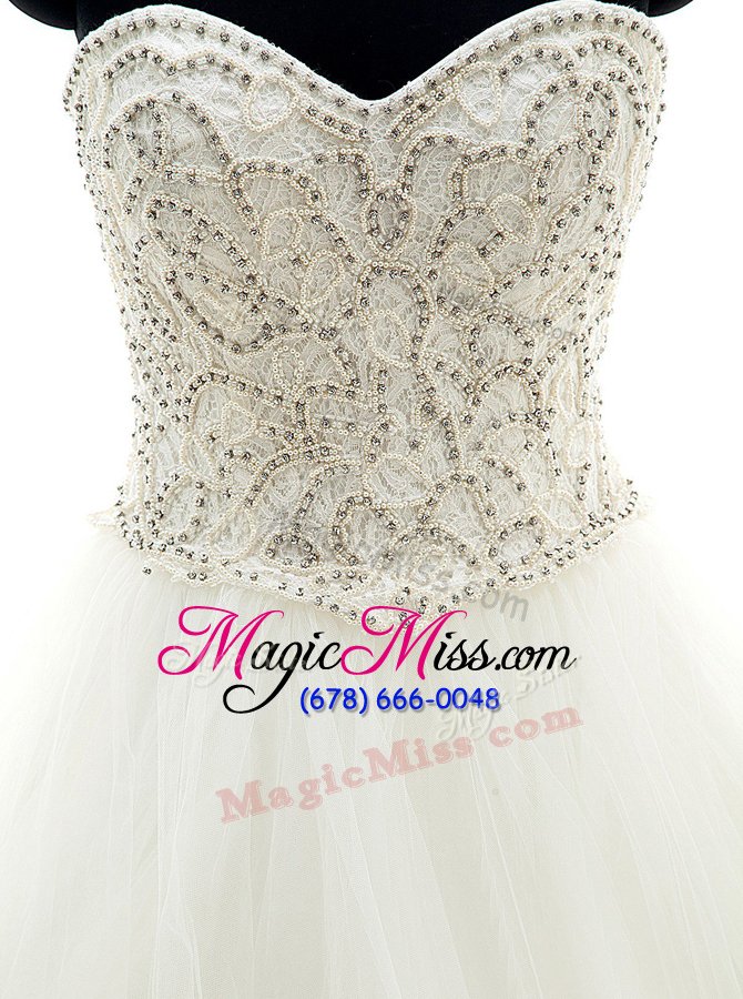wholesale popular white organza lace up wedding dress sleeveless with brush train beading and ruffles