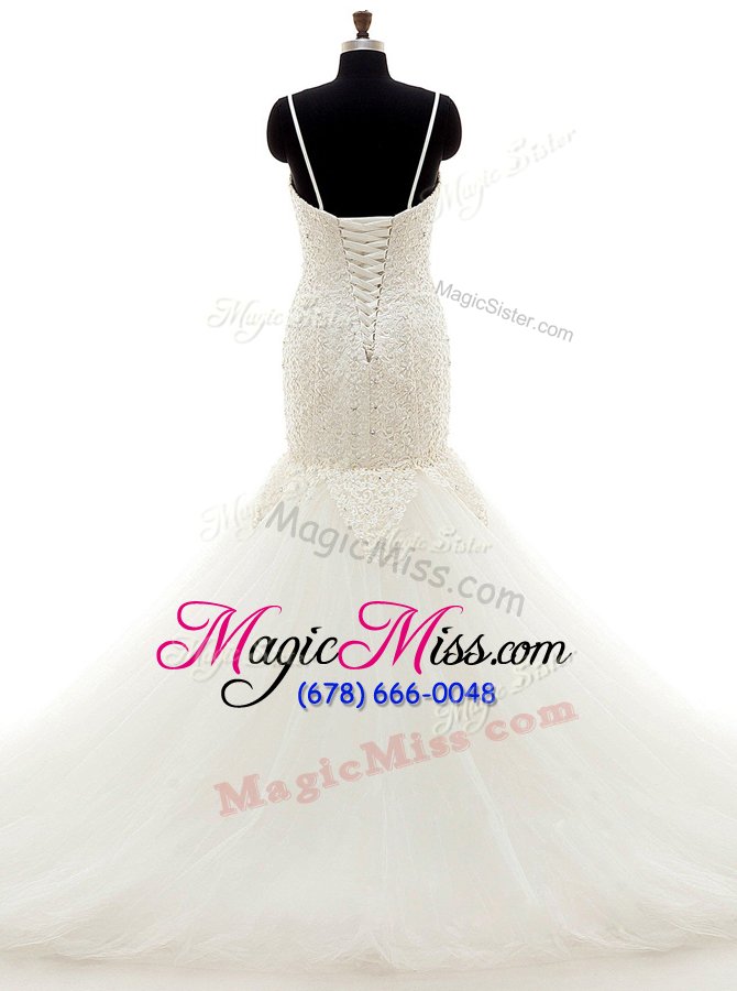wholesale glamorous mermaid beading and lace wedding gowns white lace up sleeveless with brush train