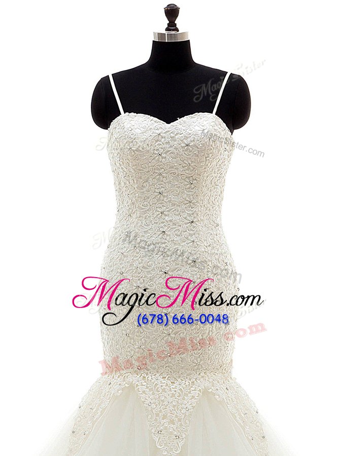 wholesale glamorous mermaid beading and lace wedding gowns white lace up sleeveless with brush train