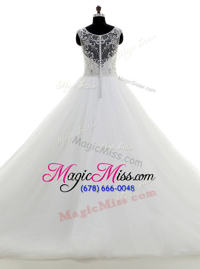 wholesale scoop sleeveless wedding gowns with brush train beading white tulle