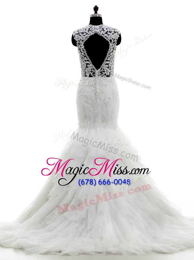 wholesale mermaid white v-neck clasp handle beading and lace and ruffles wedding dresses brush train sleeveless