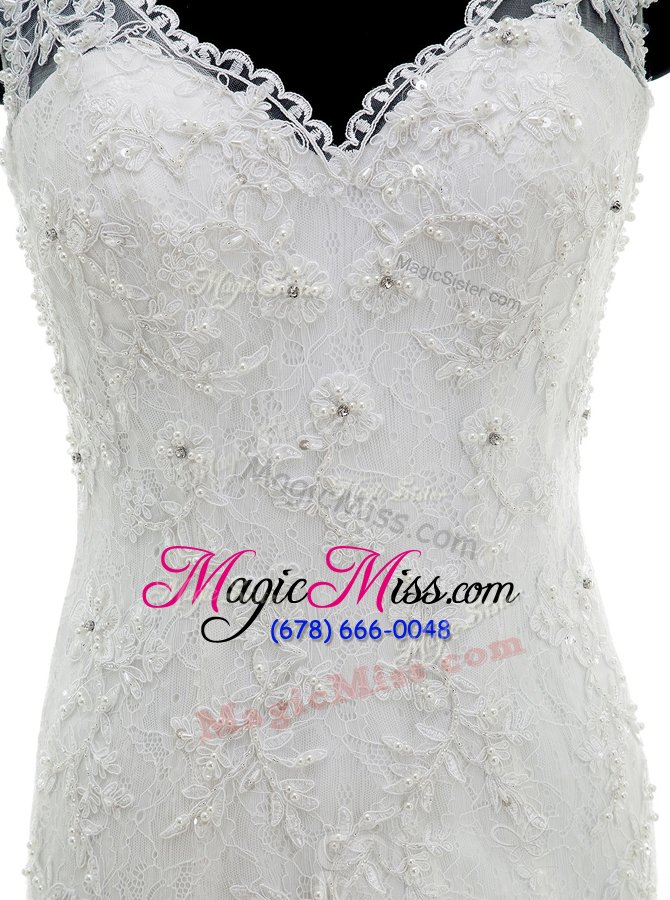 wholesale mermaid white v-neck clasp handle beading and lace and ruffles wedding dresses brush train sleeveless