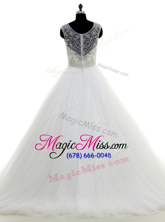 wholesale smart white a-line tulle scoop sleeveless beading with train clasp handle bridal gown brush train