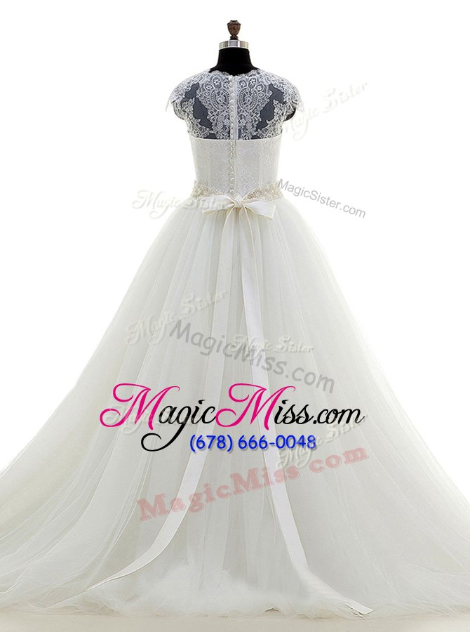 wholesale suitable white ball gowns v-neck cap sleeves tulle with brush train clasp handle beading and lace wedding gown