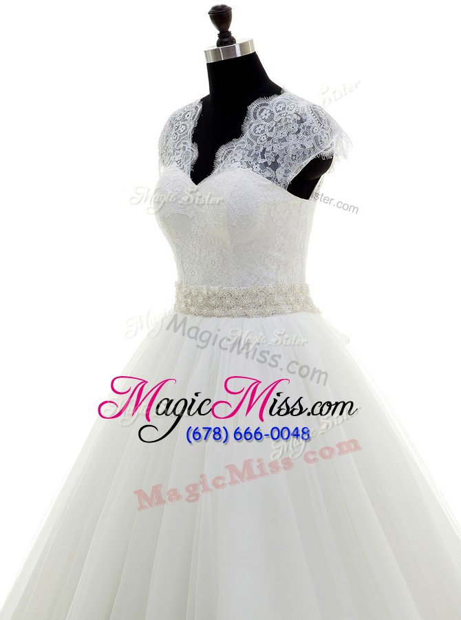 wholesale suitable white ball gowns v-neck cap sleeves tulle with brush train clasp handle beading and lace wedding gown