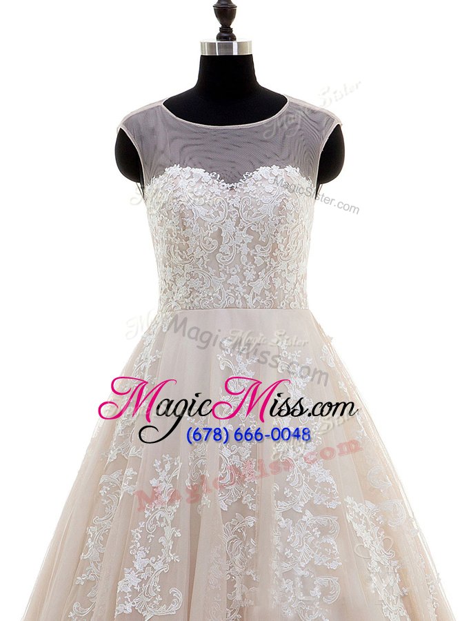 wholesale sweet scoop peach cap sleeves with train lace and appliques zipper wedding dresses