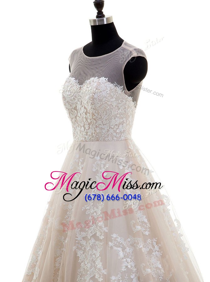 wholesale sweet scoop peach cap sleeves with train lace and appliques zipper wedding dresses