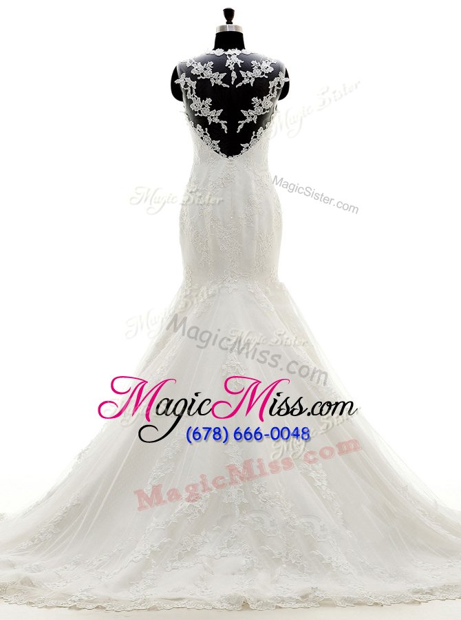 wholesale custom fit brush train mermaid wedding gowns white v-neck lace cap sleeves with train side zipper