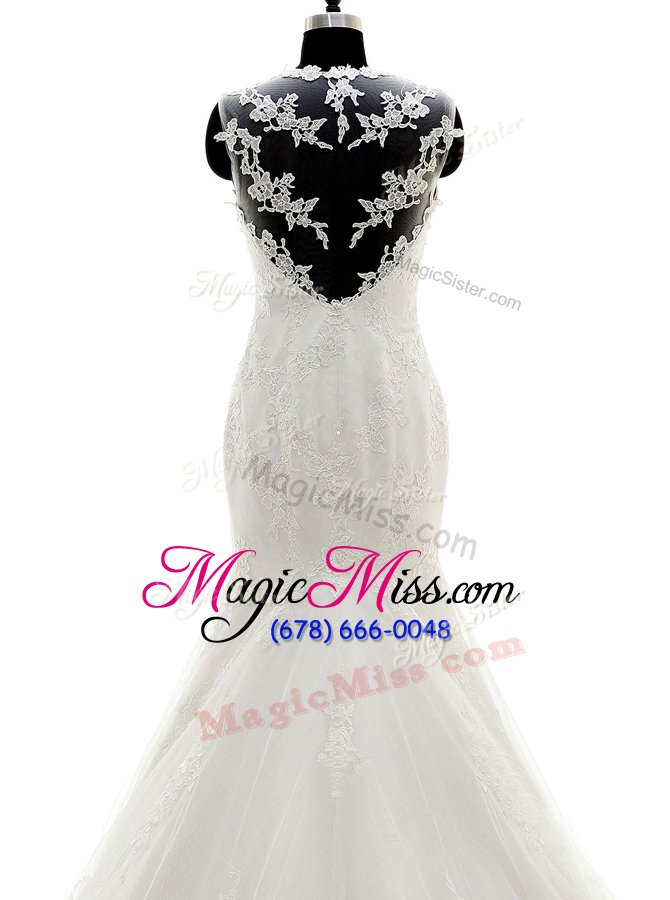 wholesale custom fit brush train mermaid wedding gowns white v-neck lace cap sleeves with train side zipper