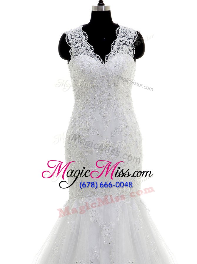 wholesale great mermaid white clasp handle v-neck beading and lace and appliques bridal gown tulle sleeveless brush train