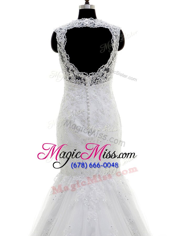 wholesale great mermaid white clasp handle v-neck beading and lace and appliques bridal gown tulle sleeveless brush train