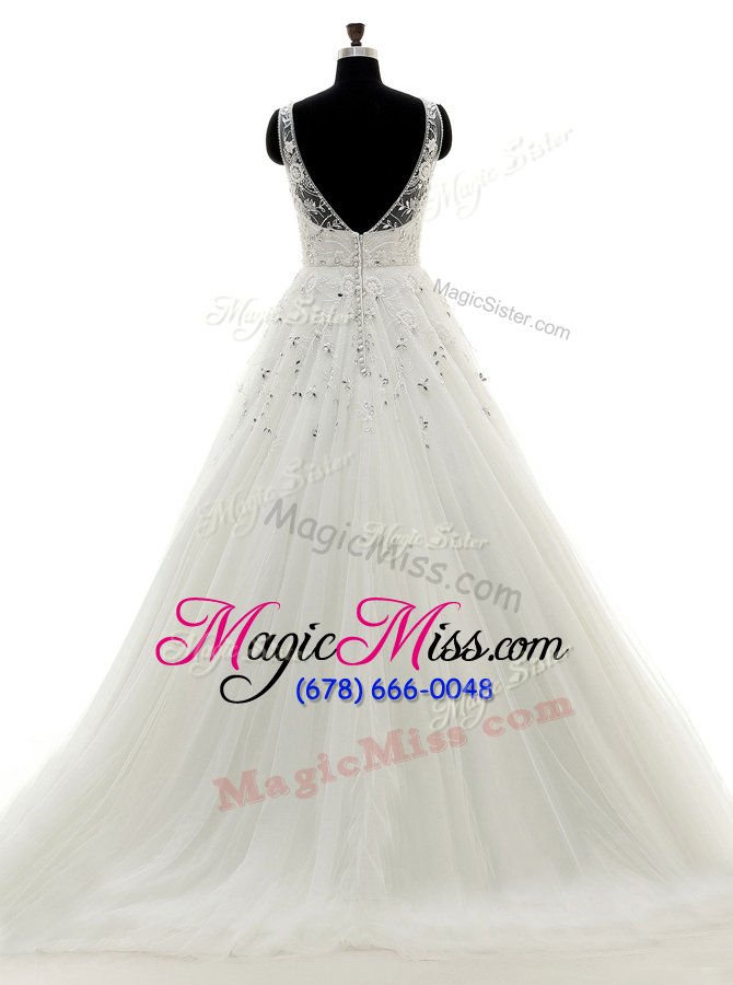 wholesale custom design scoop sleeveless tulle wedding dresses beading and lace and appliques brush train backless