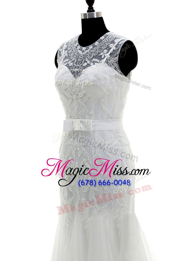 wholesale latest mermaid scoop white tulle zipper wedding dresses sleeveless with brush train beading