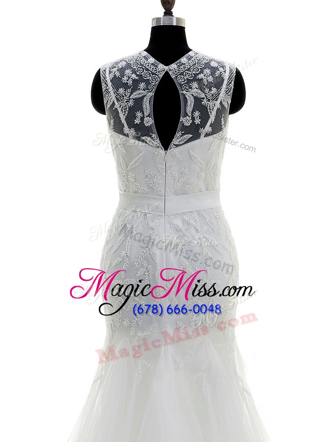 wholesale latest mermaid scoop white tulle zipper wedding dresses sleeveless with brush train beading