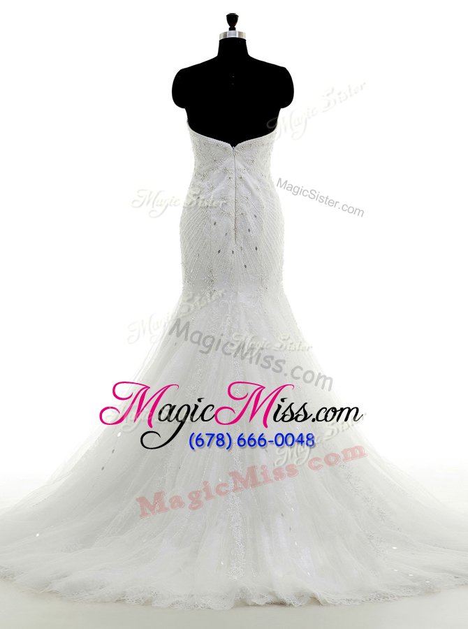 wholesale shining mermaid sleeveless with train beading and lace zipper wedding gowns with white brush train