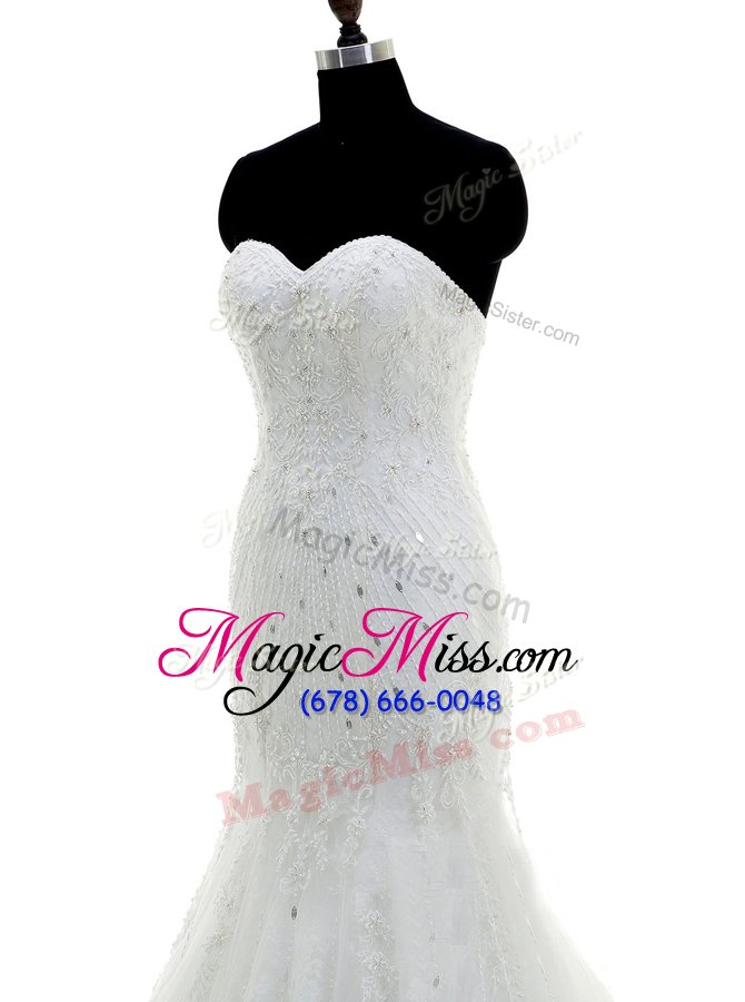 wholesale shining mermaid sleeveless with train beading and lace zipper wedding gowns with white brush train