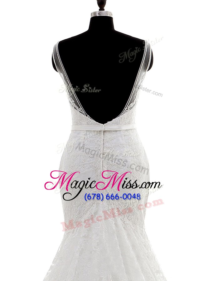 wholesale sumptuous lace with train mermaid sleeveless white wedding gowns brush train backless