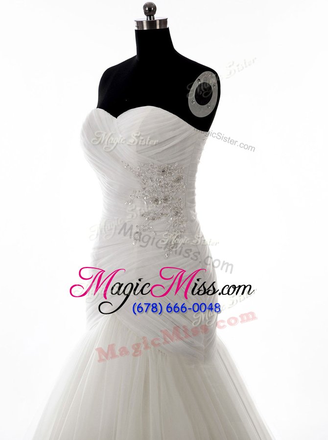 wholesale customized mermaid white tulle zipper bridal gown sleeveless with brush train beading