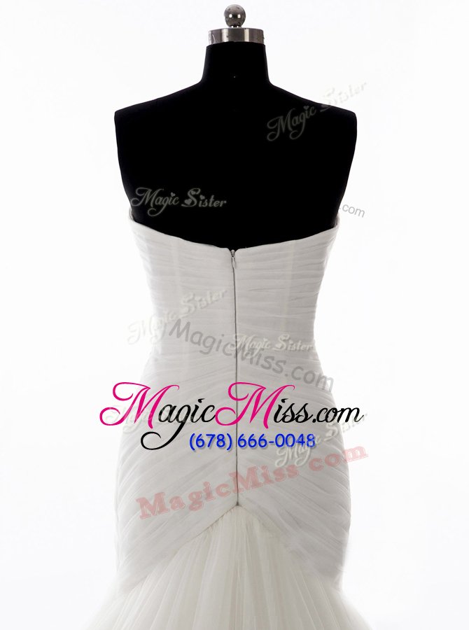 wholesale customized mermaid white tulle zipper bridal gown sleeveless with brush train beading