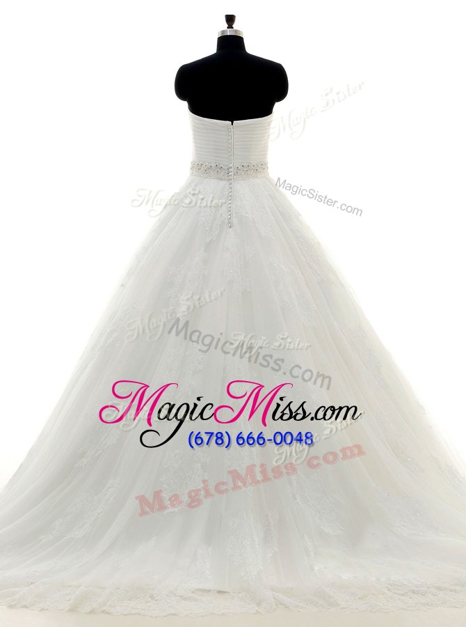 wholesale white a-line sweetheart sleeveless tulle and lace with brush train clasp handle beading and lace and appliques wedding gowns