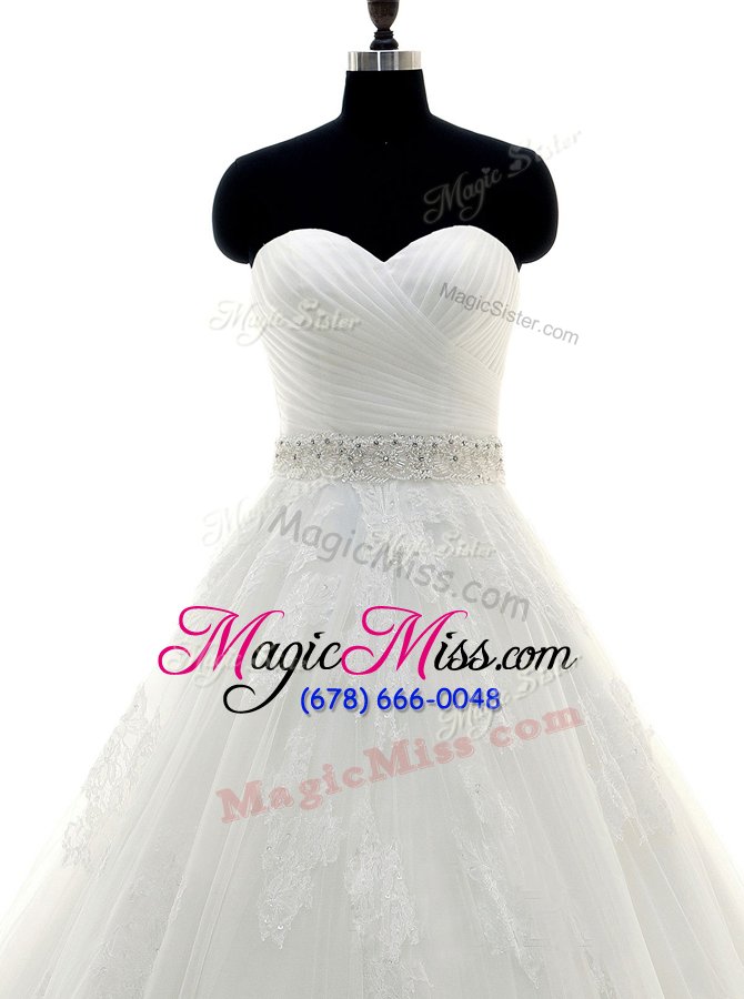 wholesale white a-line sweetheart sleeveless tulle and lace with brush train clasp handle beading and lace and appliques wedding gowns
