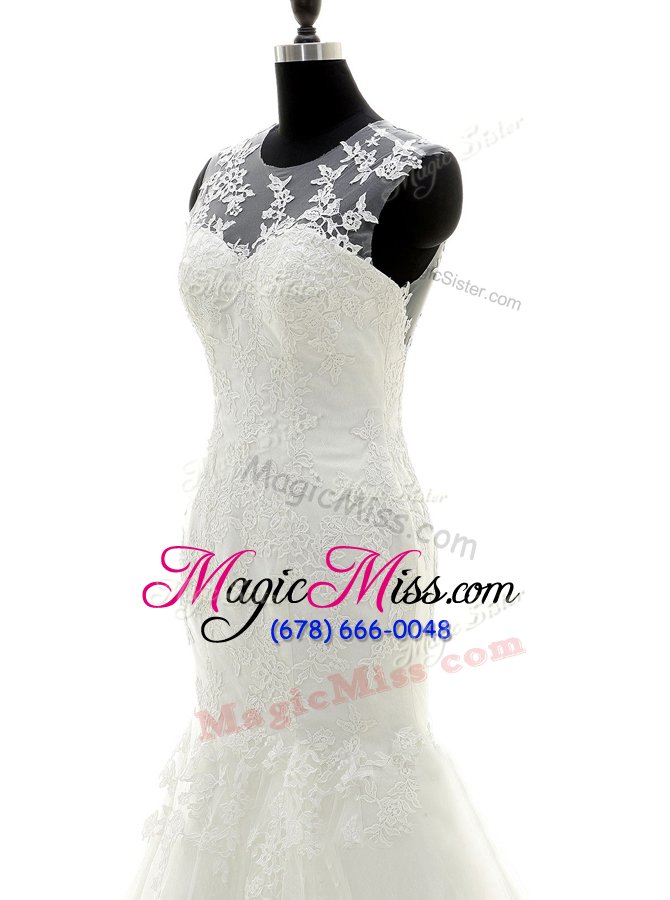 wholesale romantic mermaid white bridal gown wedding party and for with lace and appliques scoop sleeveless brush train zipper