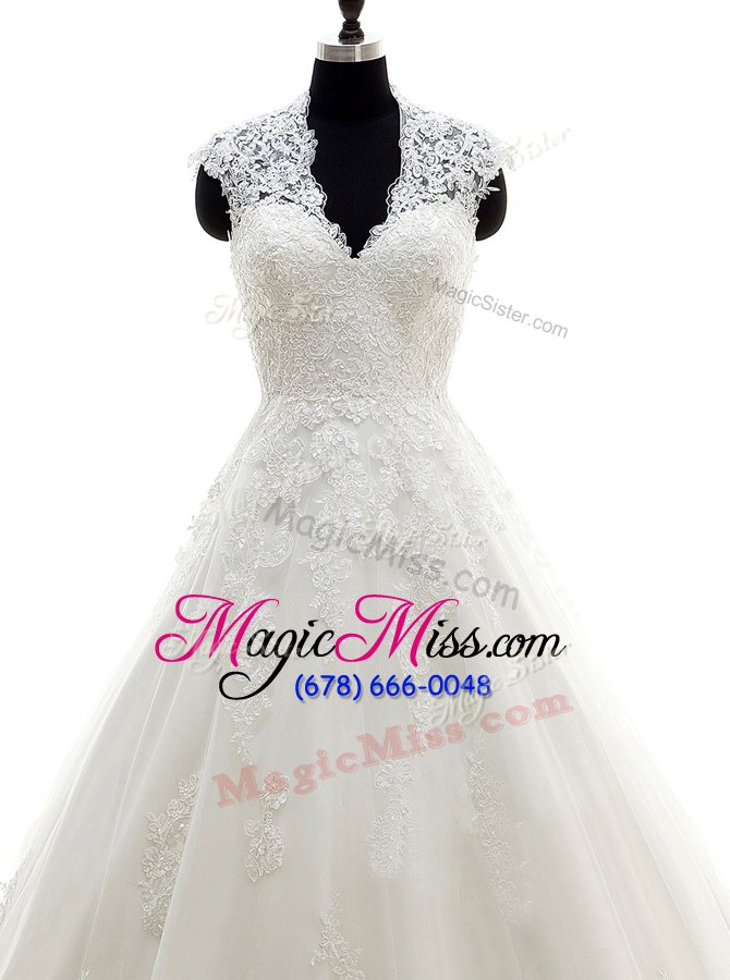 wholesale custom fit white lace clasp handle wedding dress cap sleeves with brush train lace and appliques
