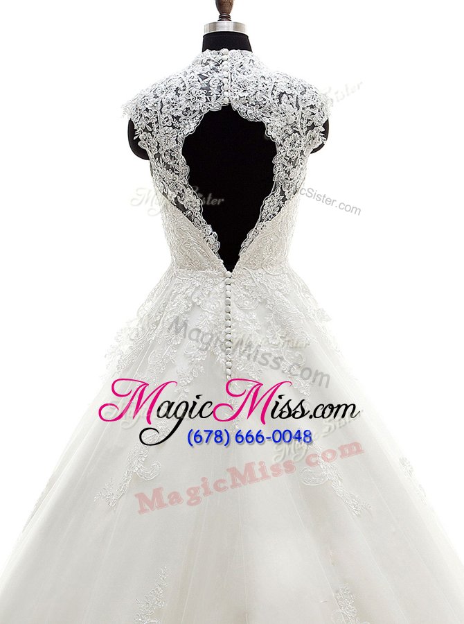 wholesale custom fit white lace clasp handle wedding dress cap sleeves with brush train lace and appliques