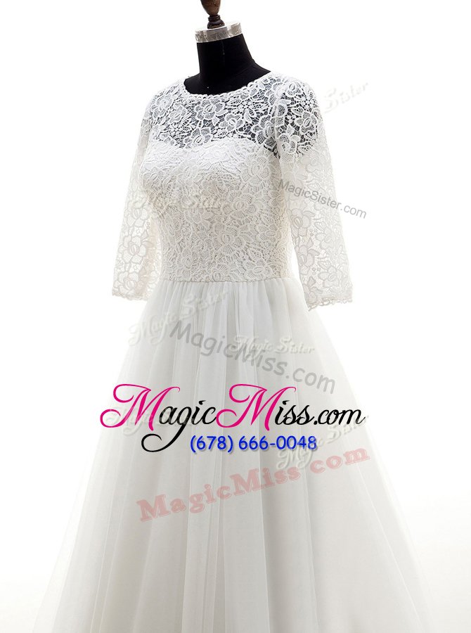 wholesale unique scoop with train white wedding dress tulle brush train half sleeves lace