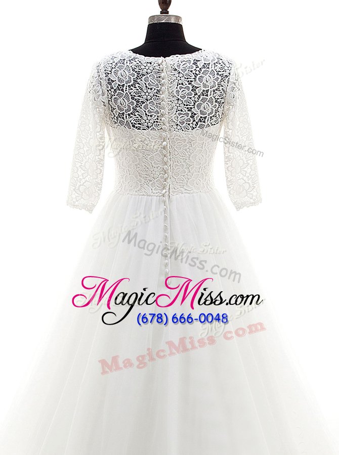 wholesale unique scoop with train white wedding dress tulle brush train half sleeves lace