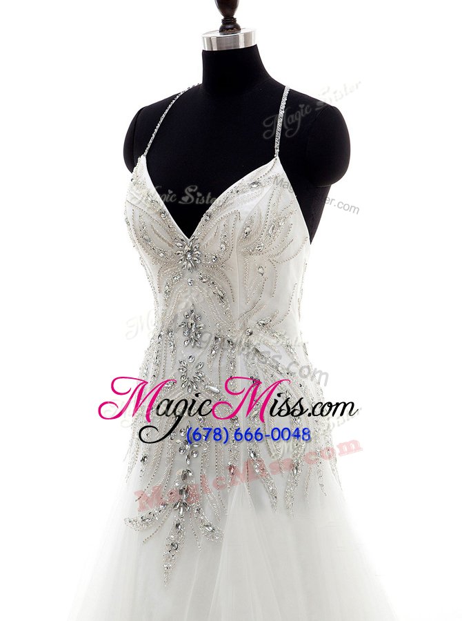 wholesale high class brush train column/sheath wedding dress white halter top tulle sleeveless with train criss cross