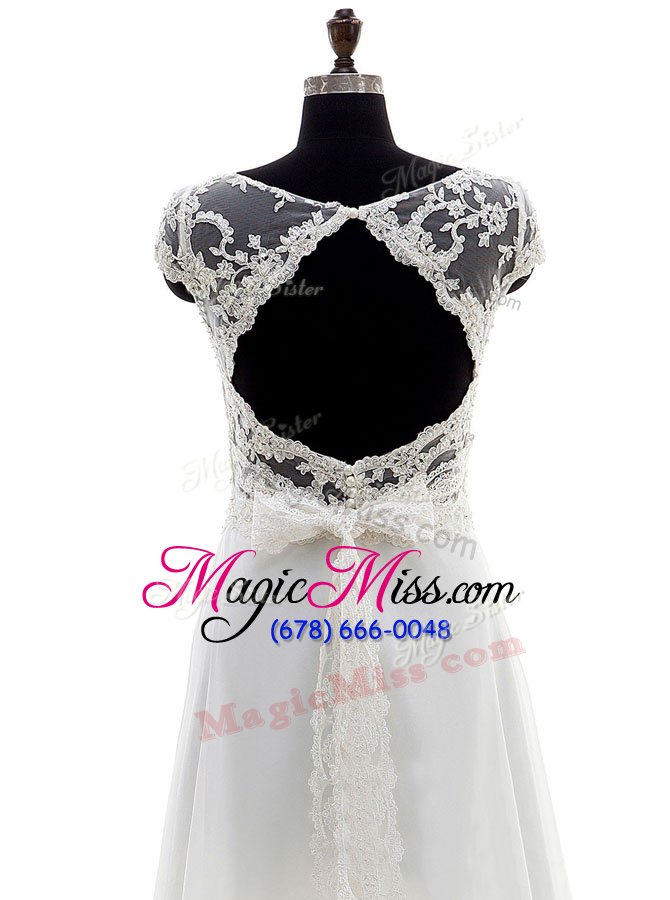 wholesale trendy scoop white sleeveless brush train lace and bowknot with train bridal gown