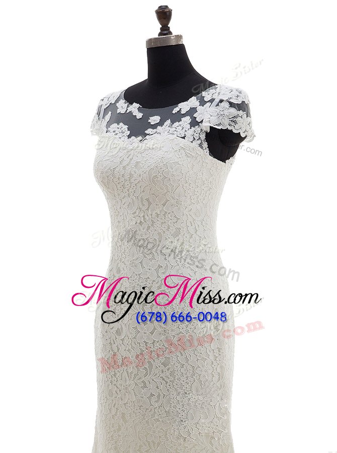 wholesale flare lace with train white wedding gown scoop cap sleeves brush train zipper
