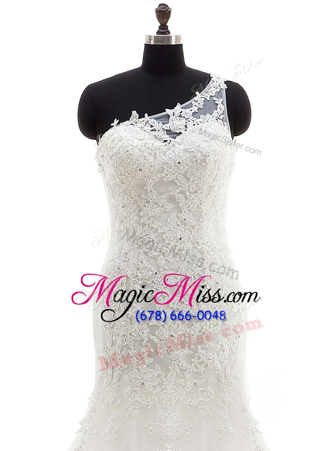 wholesale captivating one shoulder with train mermaid sleeveless white wedding dress court train lace up