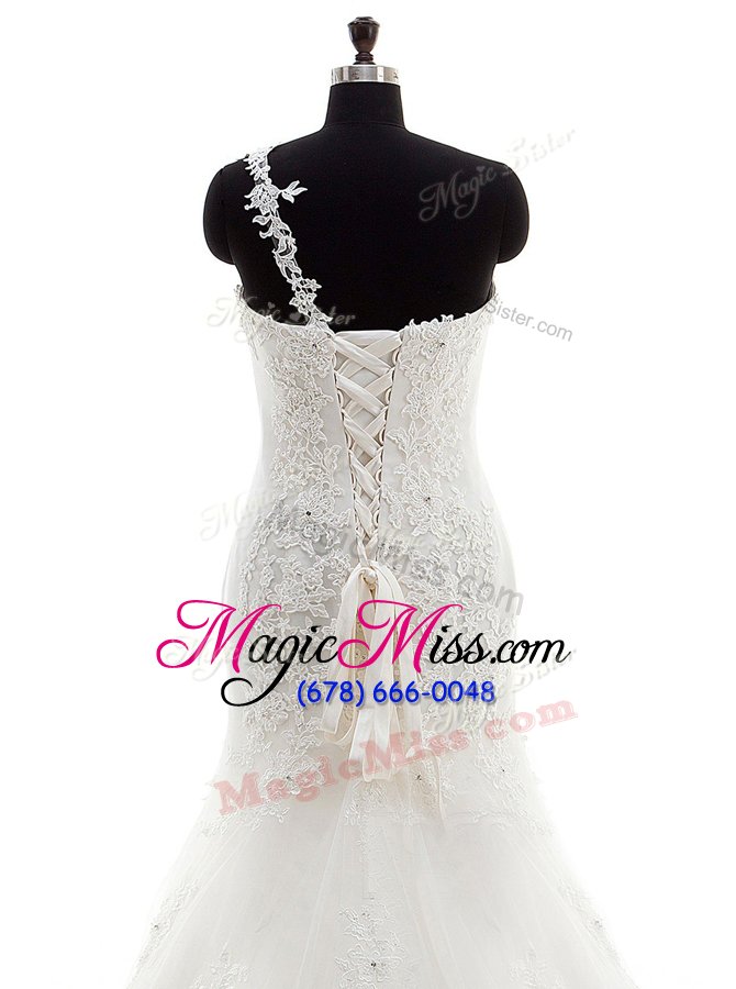 wholesale captivating one shoulder with train mermaid sleeveless white wedding dress court train lace up