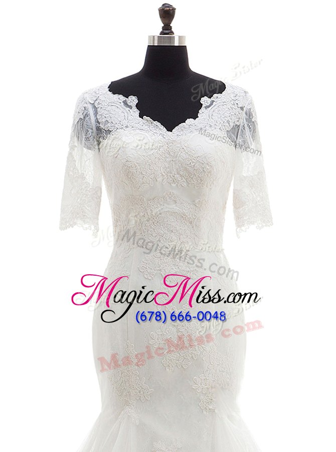 wholesale sweet mermaid tulle half sleeves with train wedding dress court train and lace and appliques