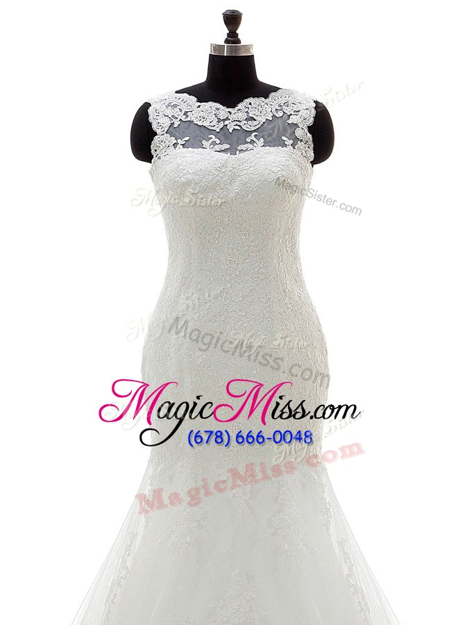 wholesale mermaid scoop white sleeveless with train appliques clasp handle bridal gown