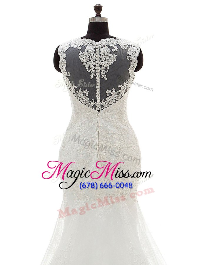 wholesale mermaid scoop white sleeveless with train appliques clasp handle bridal gown