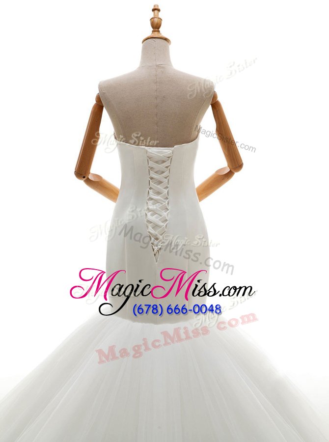 wholesale amazing white mermaid sweetheart sleeveless tulle with brush train lace up ruching wedding dresses