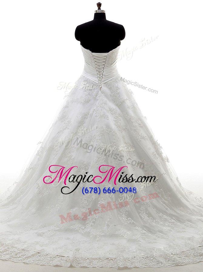 wholesale glorious white wedding gowns lace brush train sleeveless lace and appliques