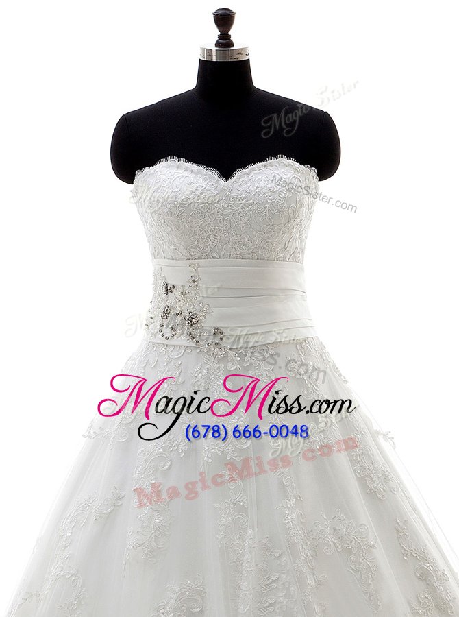 wholesale glorious white wedding gowns lace brush train sleeveless lace and appliques