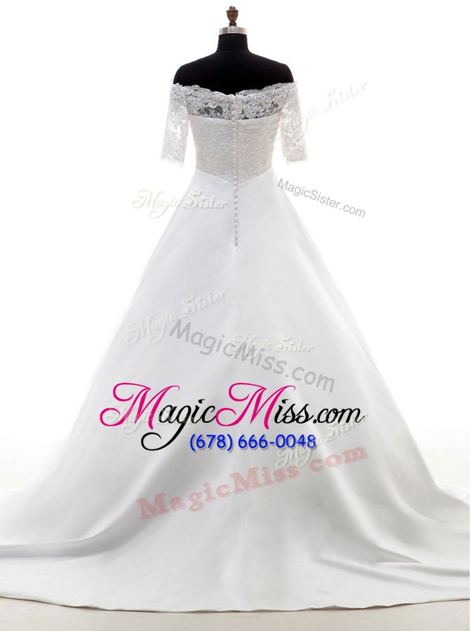 wholesale most popular off the shoulder white half sleeves with train lace clasp handle wedding gowns