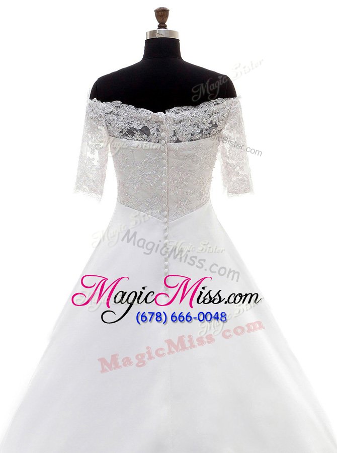 wholesale most popular off the shoulder white half sleeves with train lace clasp handle wedding gowns